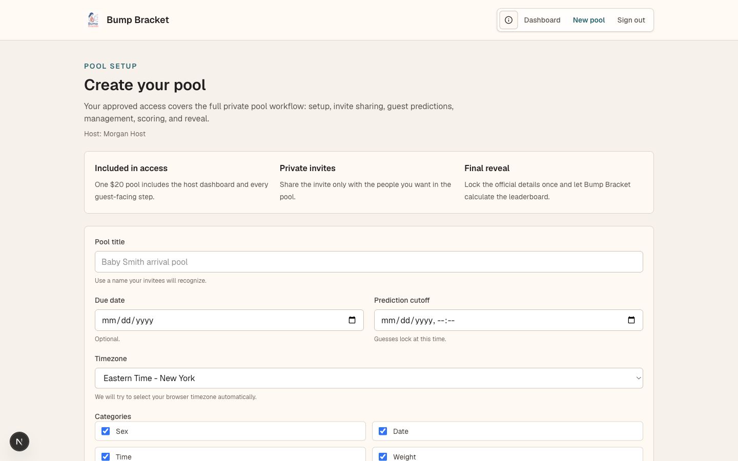 Bump Bracket pool creation screen