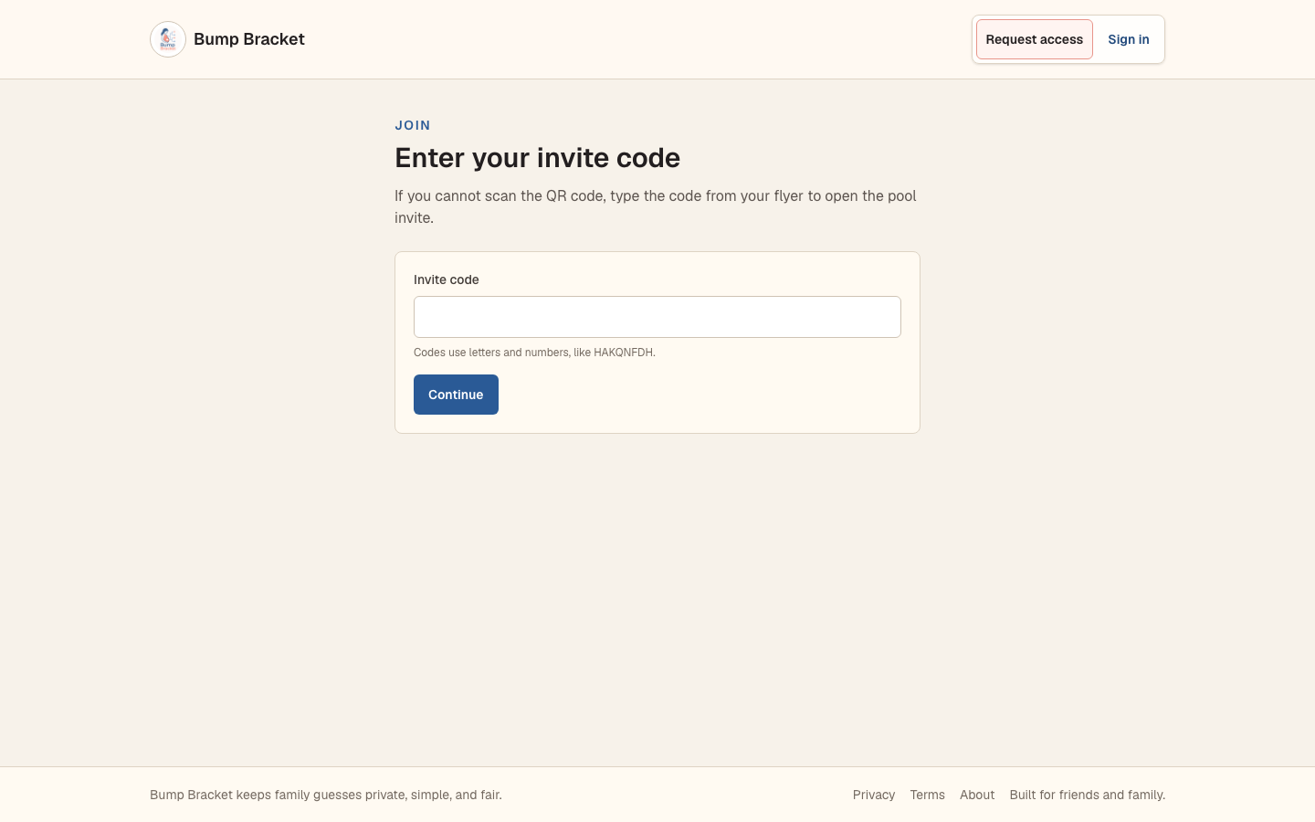 Bump Bracket invite code entry page