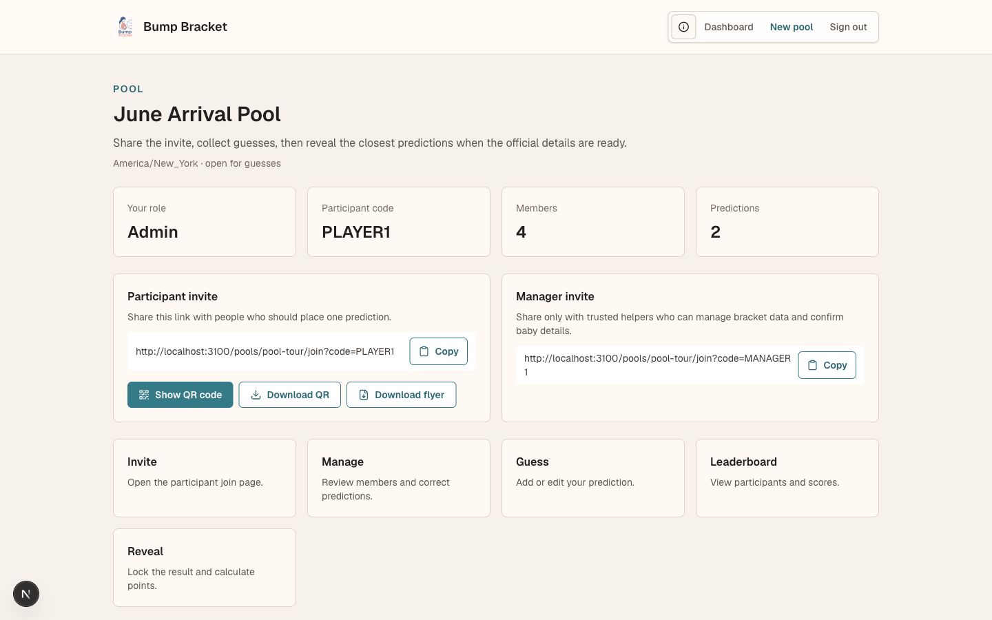 Bump Bracket pool overview with invite tools